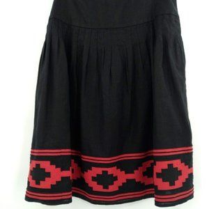 Lauren Ralph Lauren Black Pleated 100% Linen Aztec Red Border Skirt Sz 8